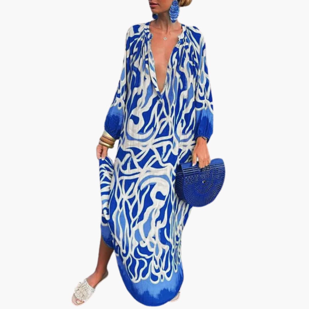 Women’s Maxi Dress with V-Neckline and Long Sleeves