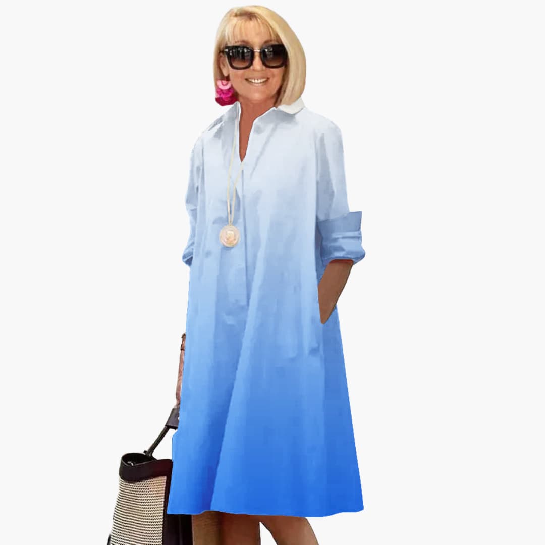 Women's Midi Dress with Collared V-Neck and Side Pockets