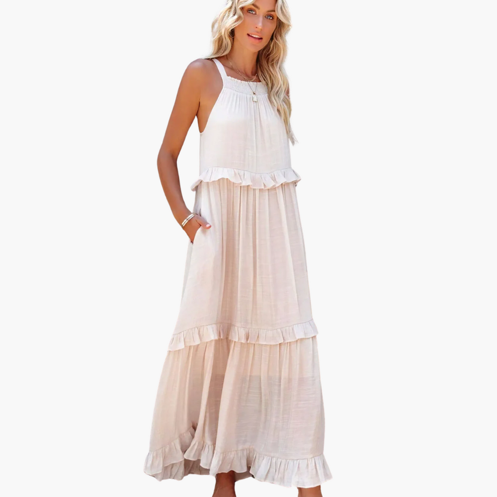 Women’s Maxi Dress with Cascading Ruffle Tiers and Adjustable Straps