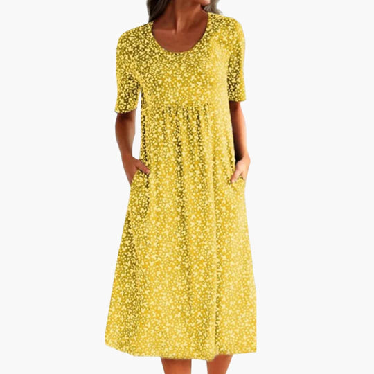Women's Midi Dress with Round Neck and Side Pockets