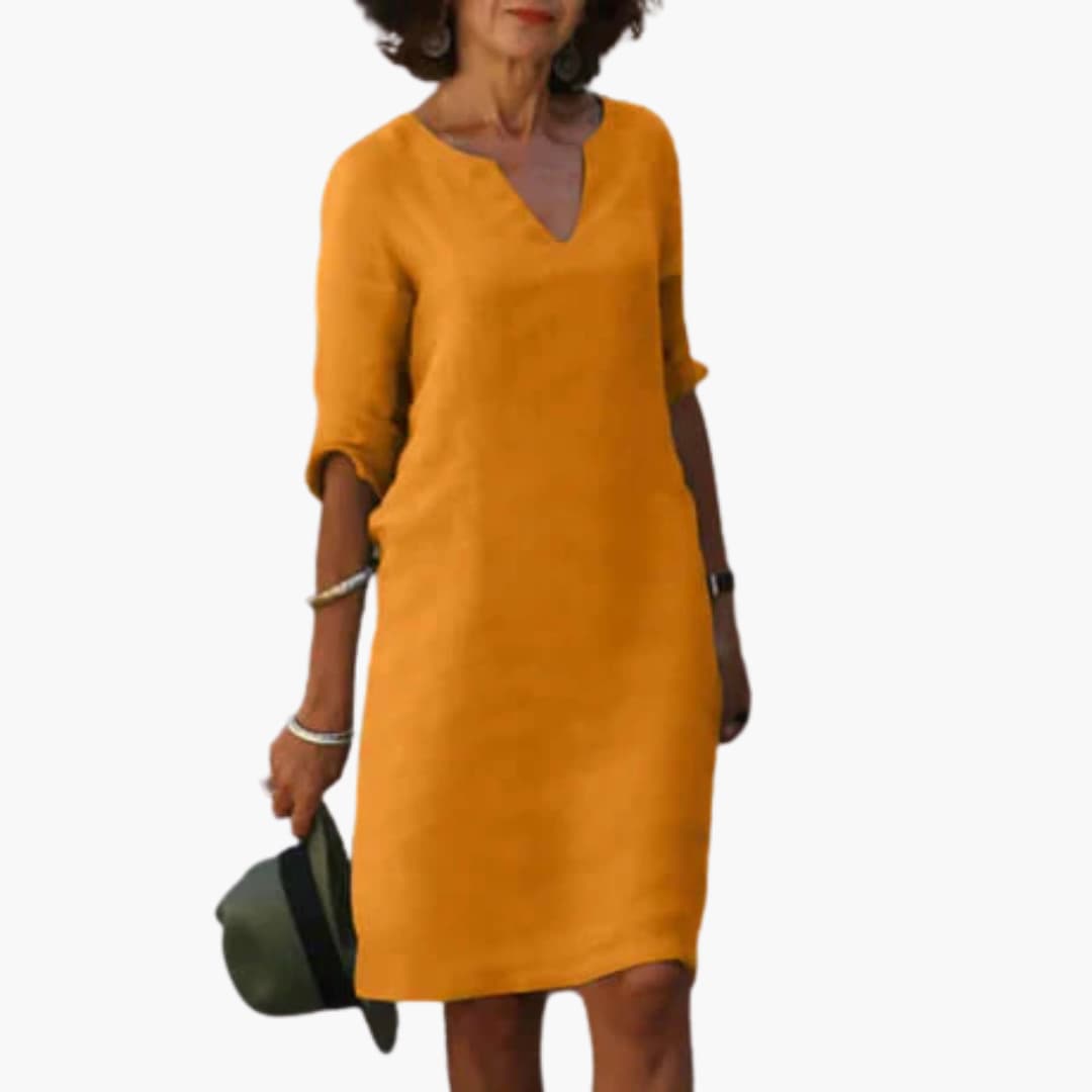 Women’s Shift Dress with Notch Neckline and Long Sleeves