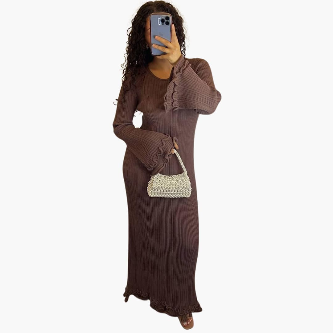 Women’s Knit Maxi Dress with Open Back and Trumpet Sleeves