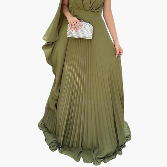 Women's Evening Dress with One-Shoulder Neckline and Pleated Skirt