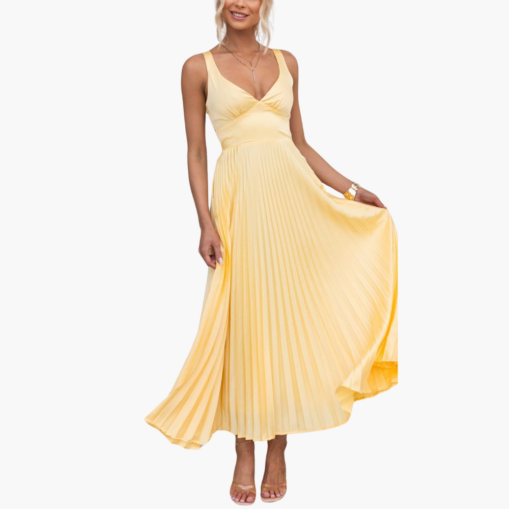 Women’s Maxi Dress with V-Neck and Pleated Design