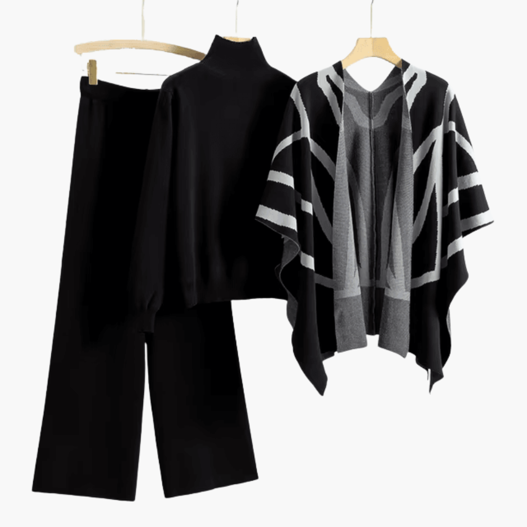 Women's Three-Piece Knit Cardigan and Wide-Leg Trousers Set