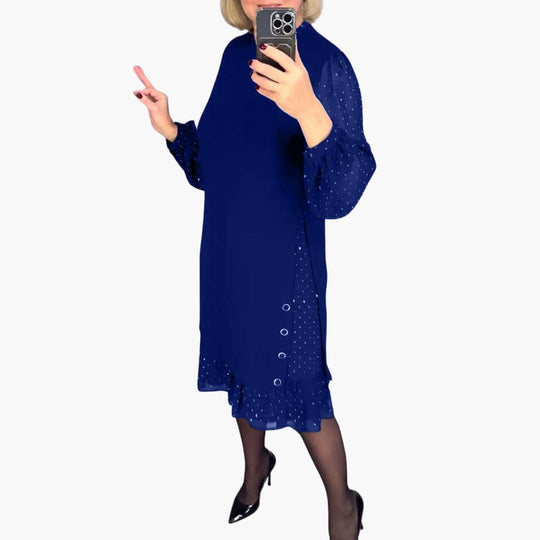 Women's Knee-Length Dress with Sheer Sleeves and Ruffle Hem