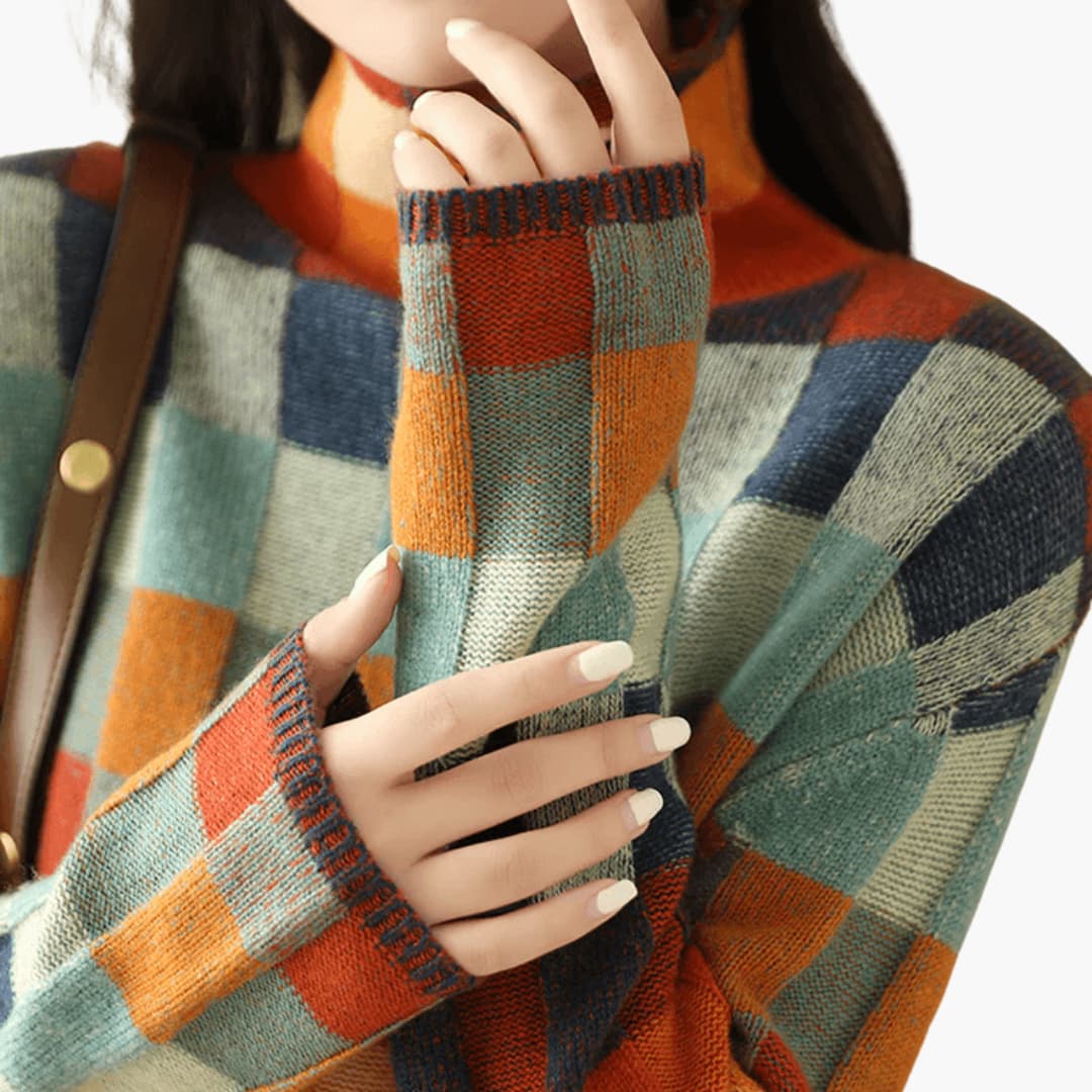 Women's Patchwork Turtleneck Jumper with Long Sleeves and Ribbed Cuffs