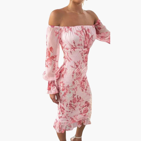 Women's Floral Midi Dress with Off-the-Shoulder Neckline and Sheer Sleeves