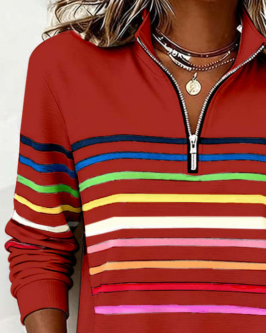 Women's Sweatshirt with Stripes and Half-Zip Design