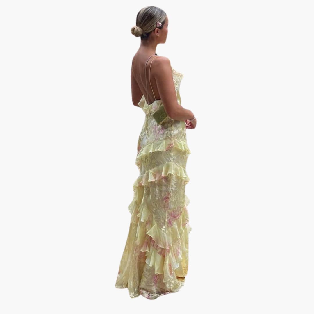 Women’s Maxi Dress with Open Back and Ruffle Panels