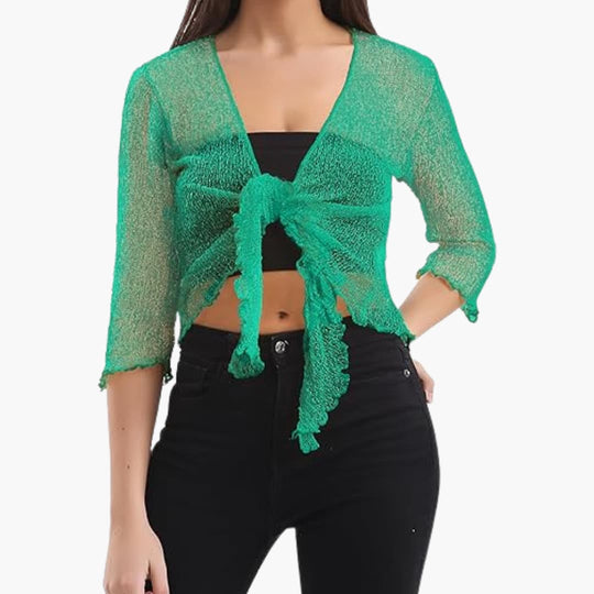 Women's Tie-Up Bolero Top with Sheer Fishnet Knit and Three-Quarter Sleeves
