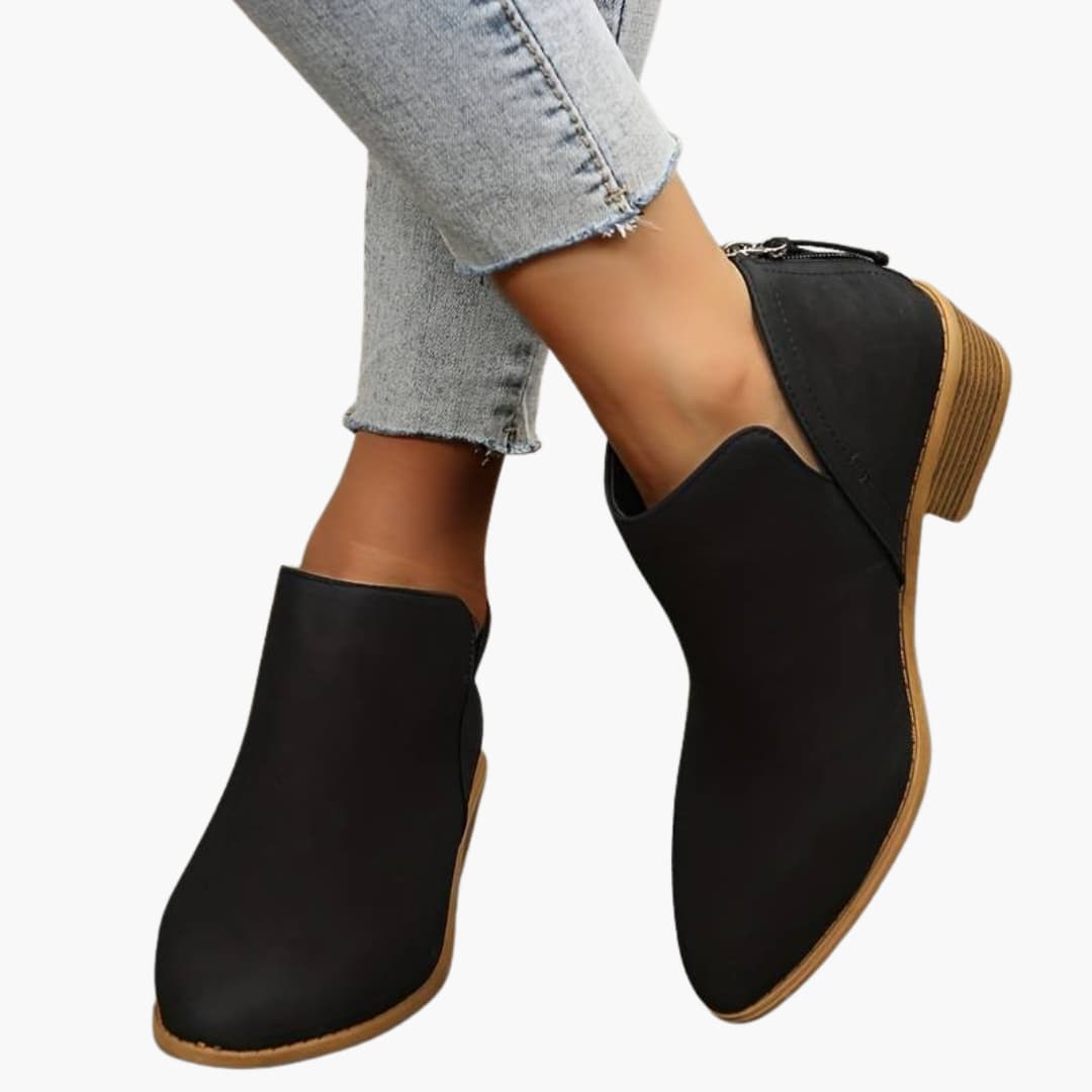 Women's Ankle Boots with Pointed Toe and Stacked Block Heel