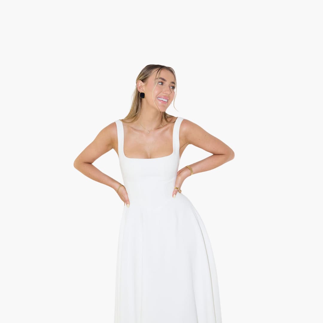 Women’s Midi Dress with Square Neckline and Flared Skirt