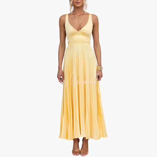 Women’s Midi Dress with Pleated Neckline and Structured Waist