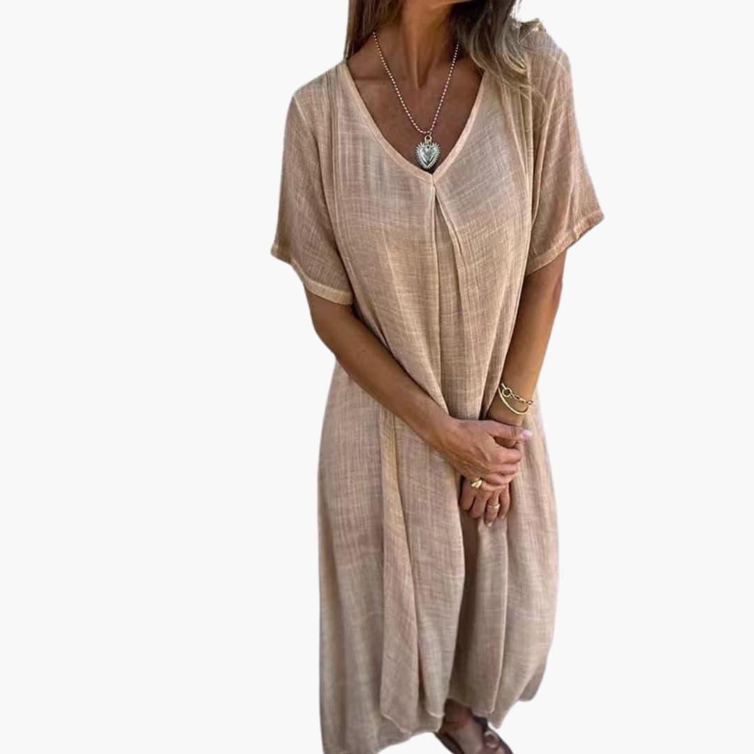 Women's Midi Dress with V-Neck and Short Sleeves
