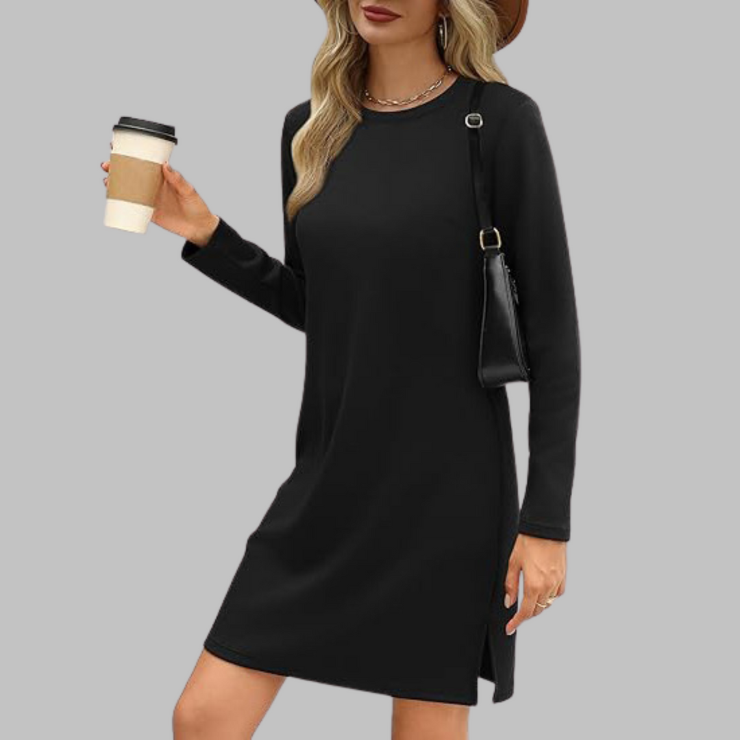 Women's Casual Mini Dress with Long Sleeves and Round Neck