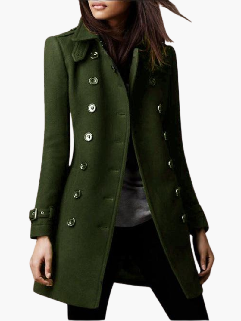 Women’s Long Peacoat with Double-Breasted Front and Belted Cuffs