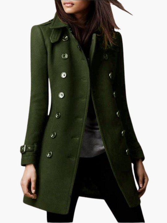 Women’s Long Peacoat with Double-Breasted Front and Belted Cuffs