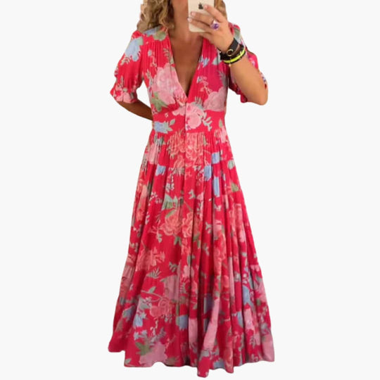 Women’s Maxi Dress with Deep V-Neckline and Pleated Skirt