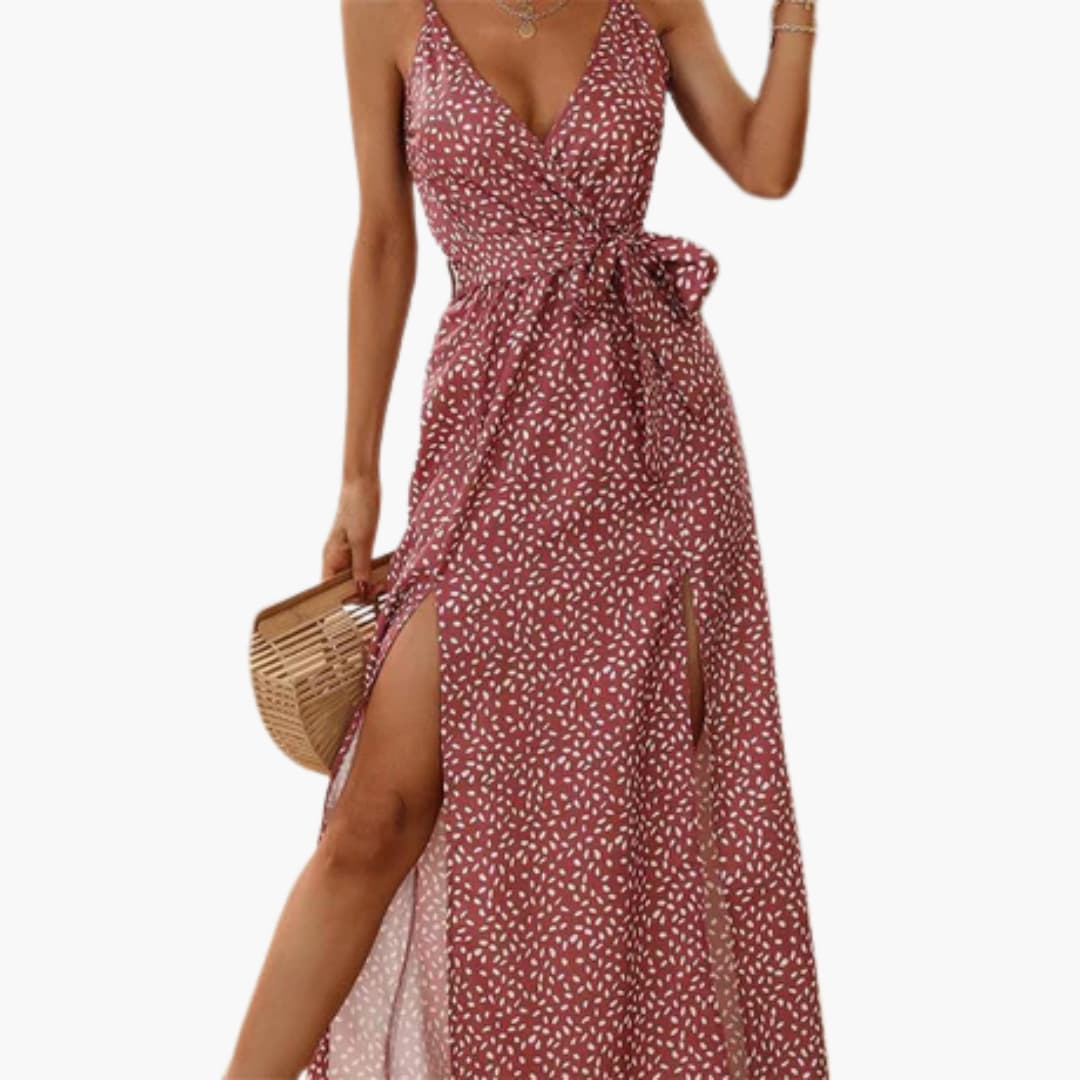 Women’s Long Beach Dress with V-Neckline and Tie Waist