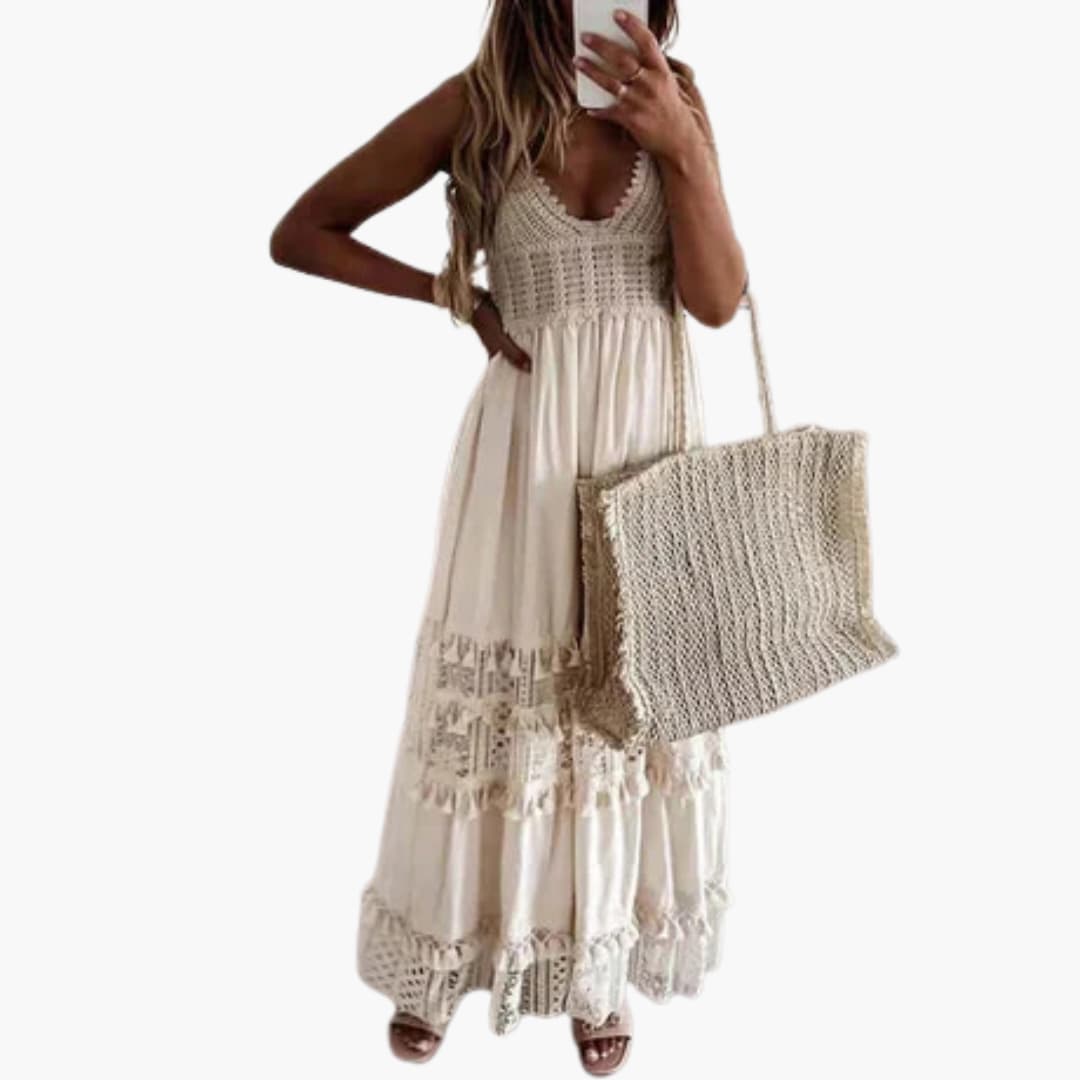 Women’s Lace Sleeveless Dress with V-Neckline and Tassel Tie