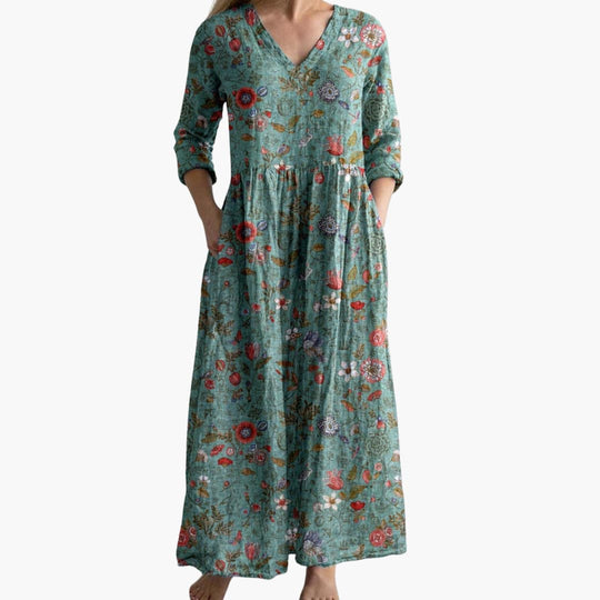 Women’s Long Floral Dress with V-Neckline and Side Pockets