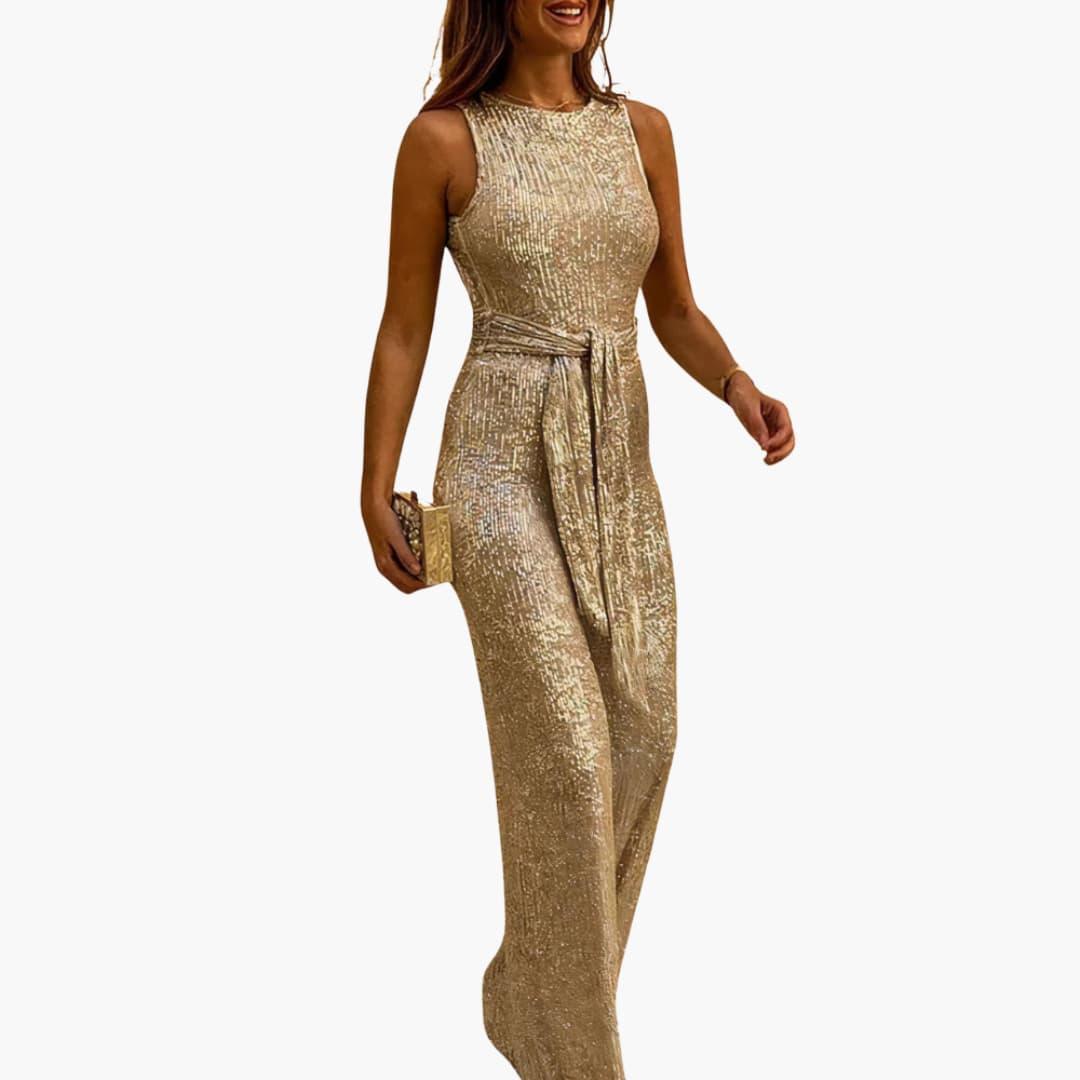 Women's Glitter Jumpsuit with Backless Design and Tie Belt