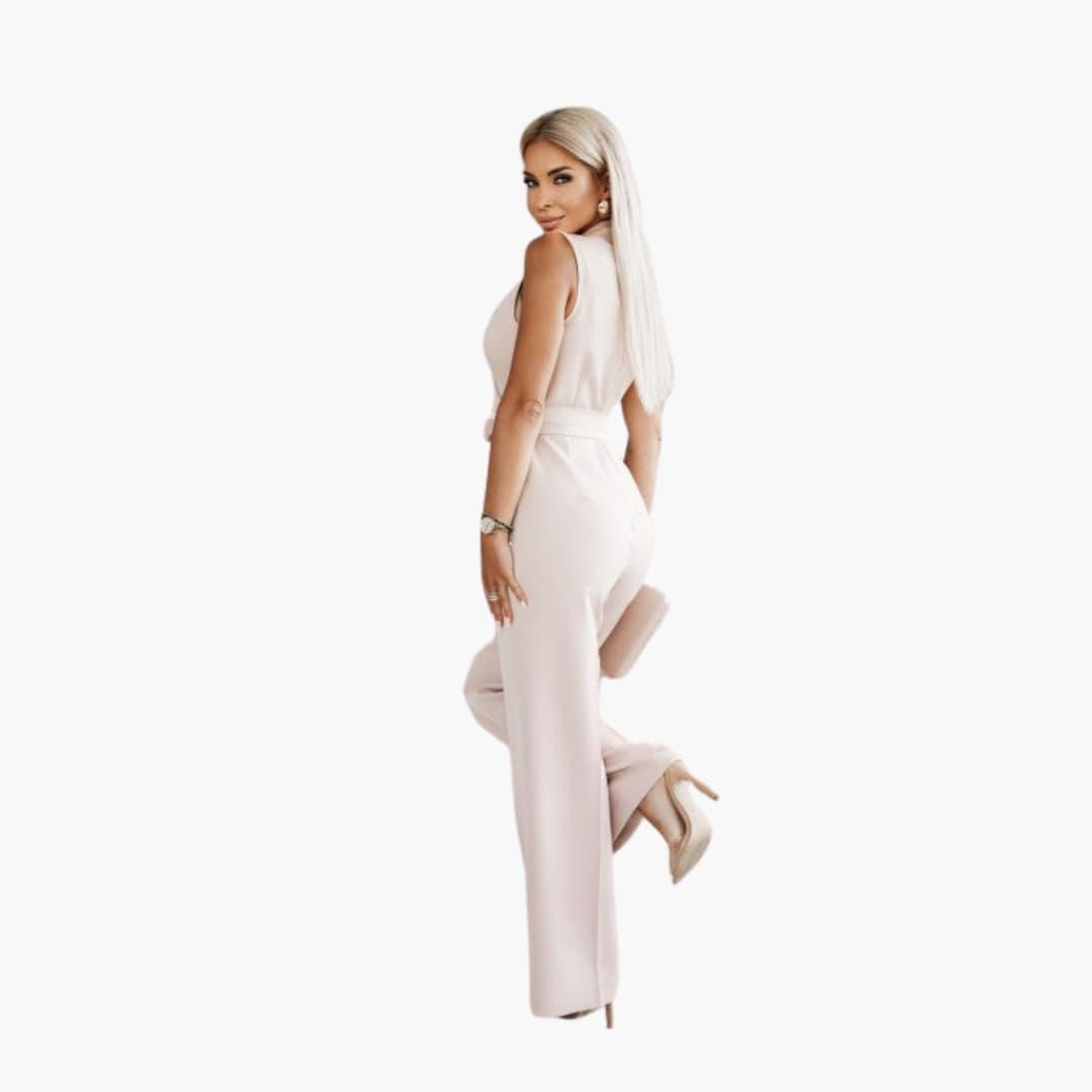 Women's Tailored Jumpsuit with V-Neckline and Wrap-Around Waist Tie