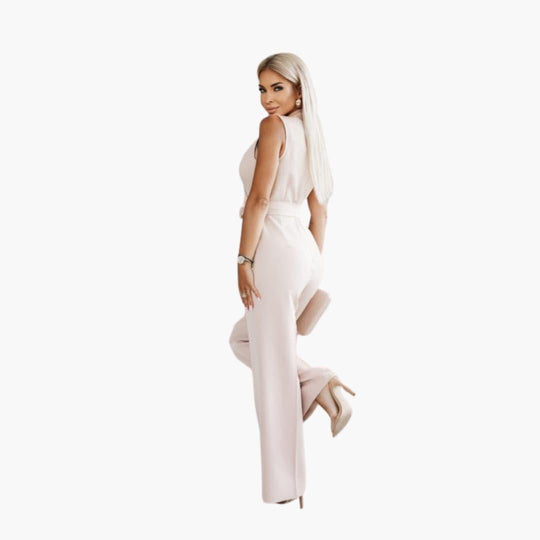 Women's Tailored Jumpsuit with V-Neckline and Wrap-Around Waist Tie