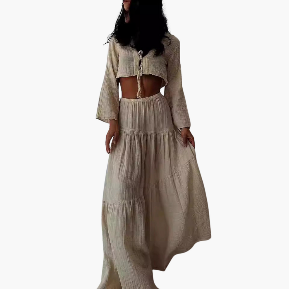 Women’s Two-Piece Set with Tie-Front Top and High-Slit Skirt