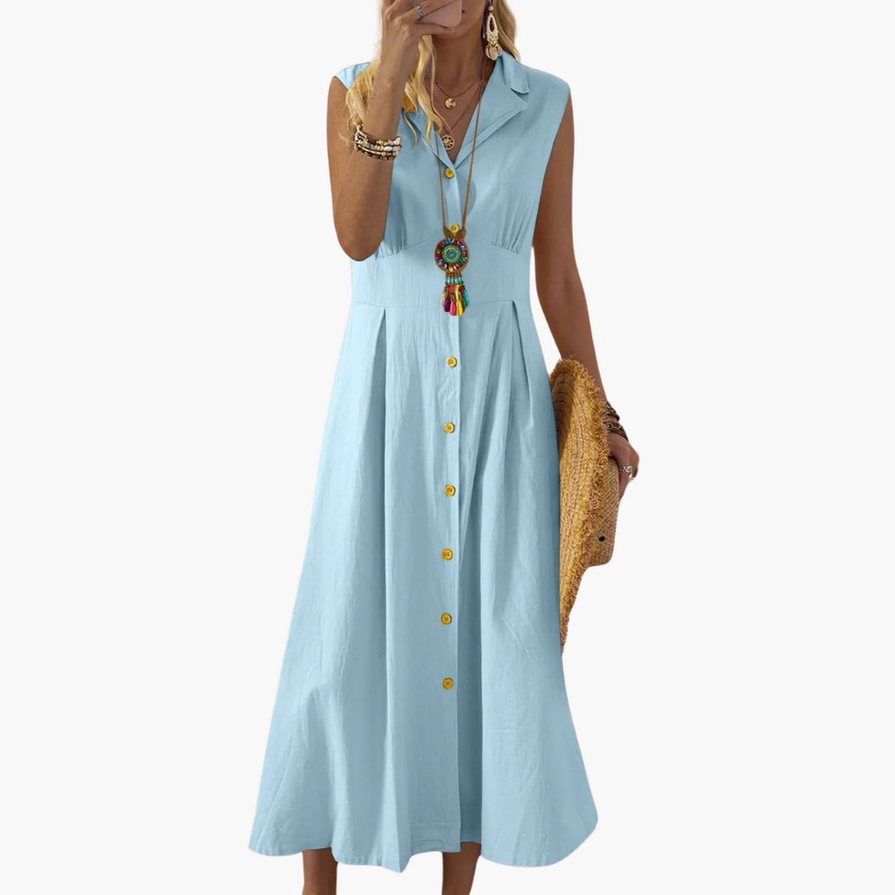 Button-Down Collared Midi Dress – Women's V-Neck Summer Style - Made by Jessica