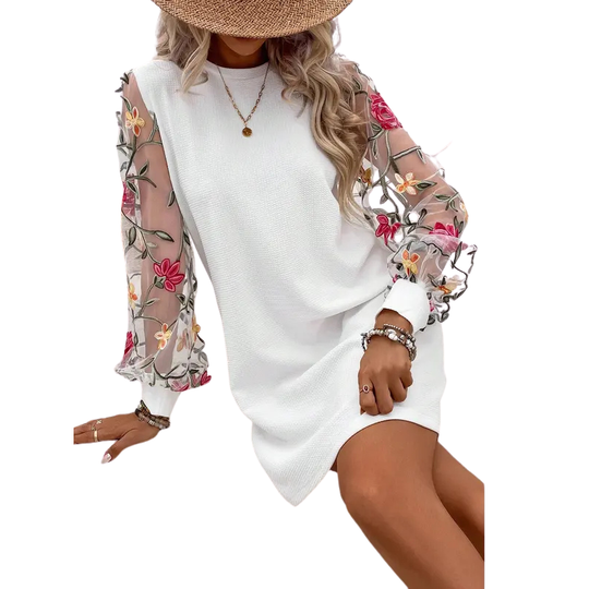 Women's Floral Embroidered Bishop Sleeve Dress with Classic Shift Silhouette