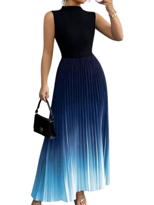Women's Sleeveless Evening Dress with Pleated Skirt and Ombre Design
