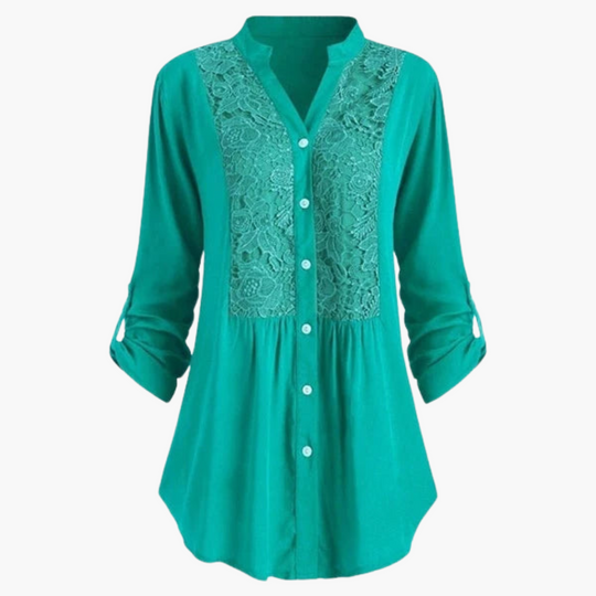 Women’s Long Blouse with Puff Sleeves and Lace Detail