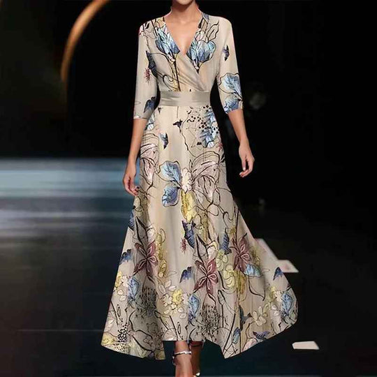 Women's Floral Maxi Dress with V-Neckline and Flowing Fit