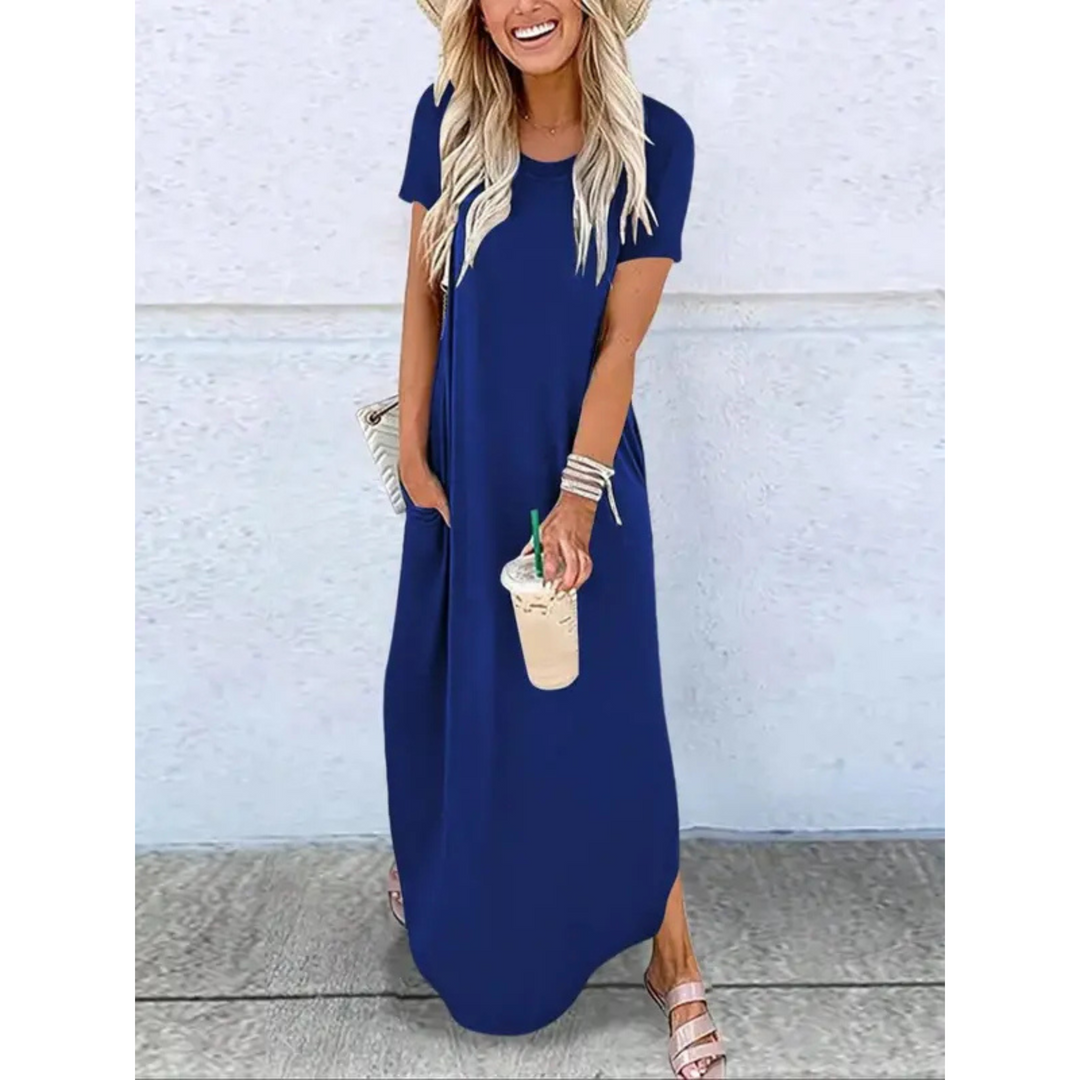 Women's Casual Maxi Dress with Round Neck and Flowing Fit