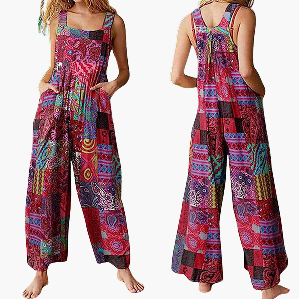 Women’s Patchwork Jumpsuit with Sleeveless Design and Wide-Leg Cut