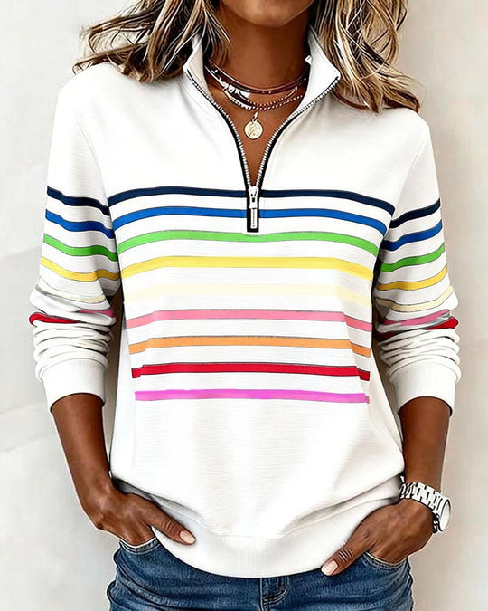 Women's Sweatshirt with Stripes and Half-Zip Design