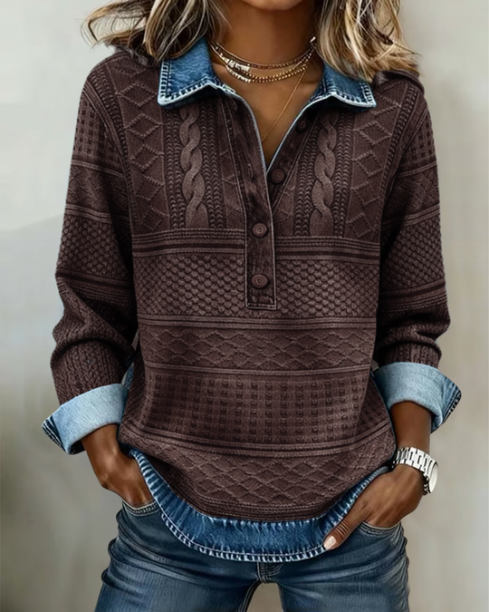 Women's Sweatshirt with Half Button and Denim-Style Collar