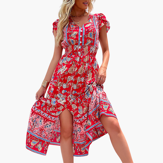 Women’s Midi Dress with V‑Neckline and Elastic Waist