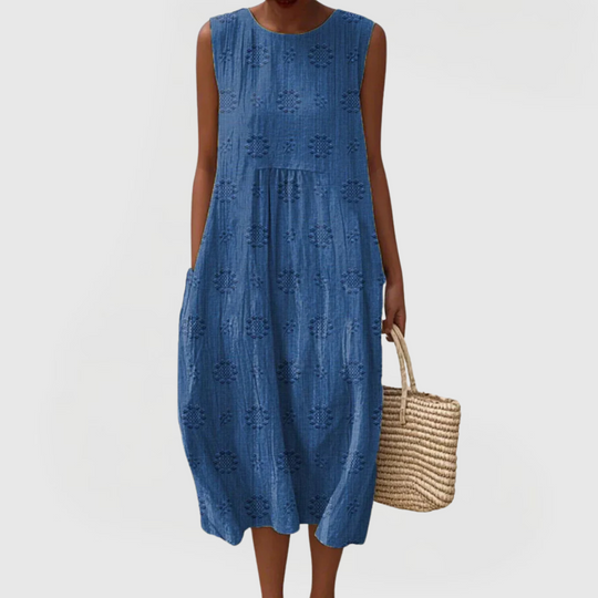 Women's Elegant Dress with Pockets and Floral Embroidery