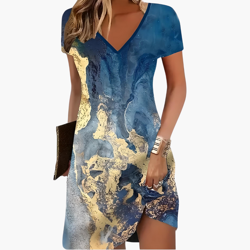 Women’s Short Dress with V Neckline and Asymmetric Hem