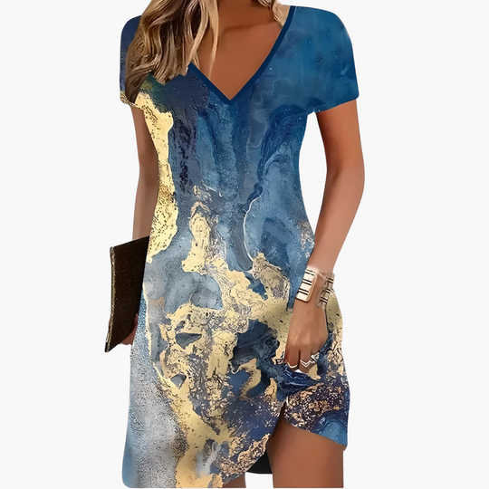 Women’s Short Dress with V Neckline and Asymmetric Hem