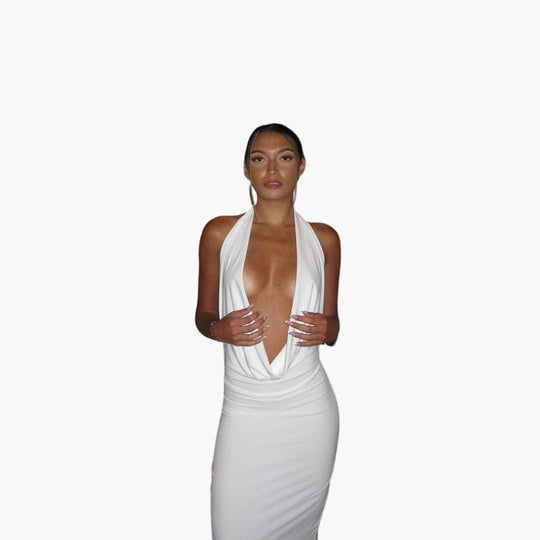 Women’s Halterneck Maxi Dress with Deep V-Neck and Open Back