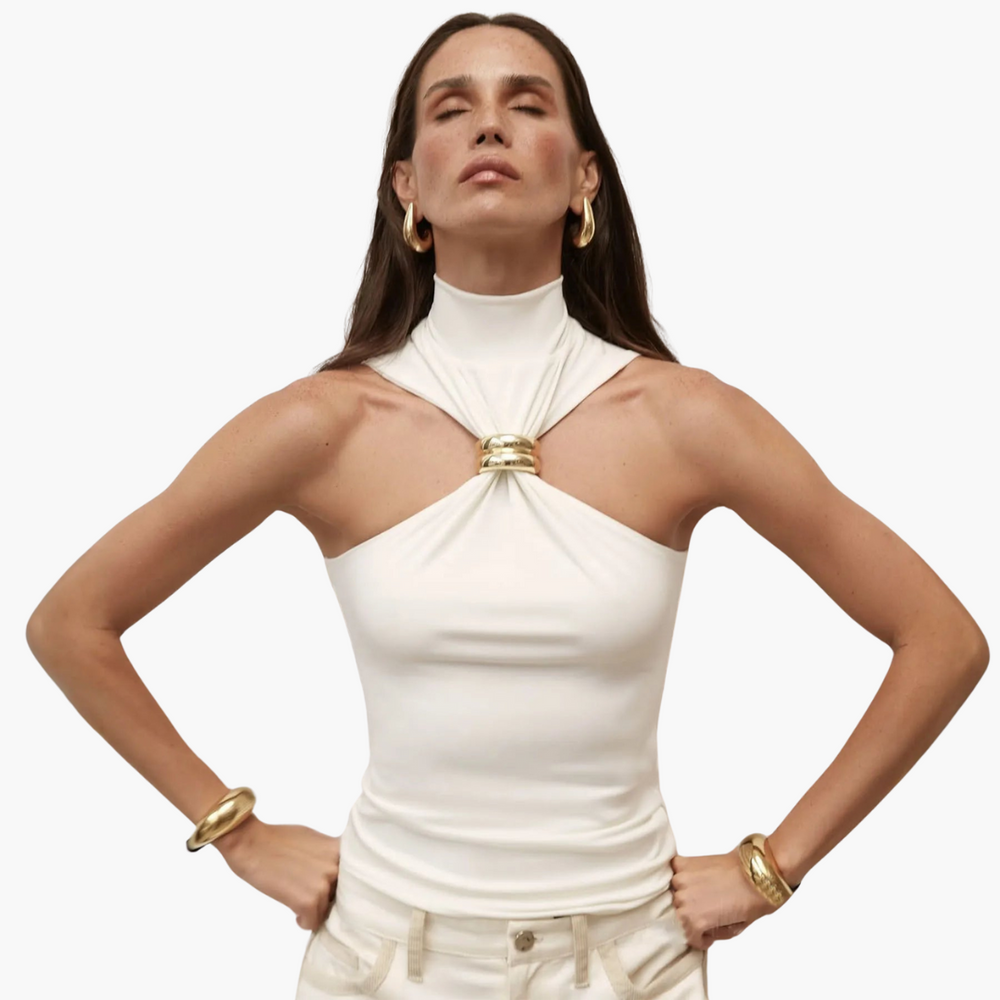 Women’s Halter Top with High Neck and Gold Accent