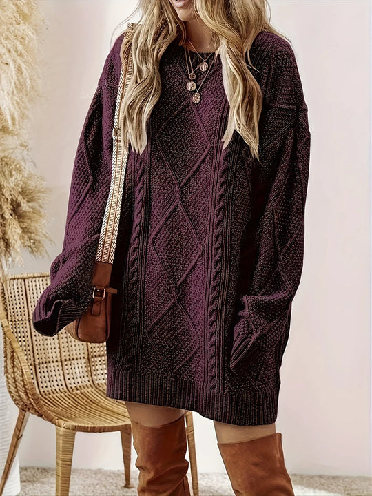 Women's Cable Knit Oversized Jumper Dress with Ribbed Cuffs