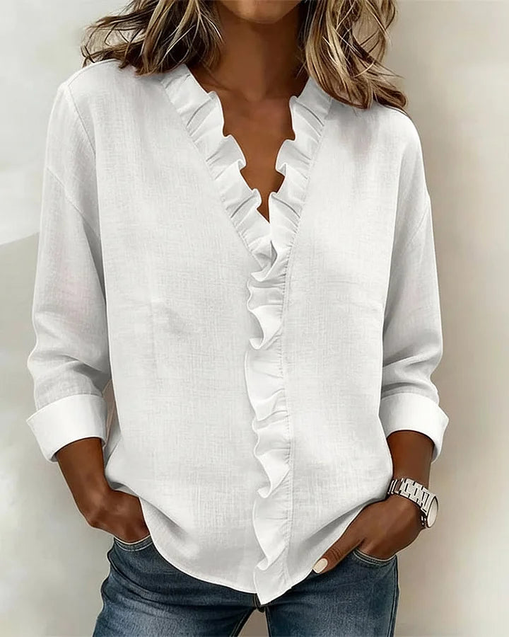 Women's Blouse with Ruffled V-Neck and Long Sleeves