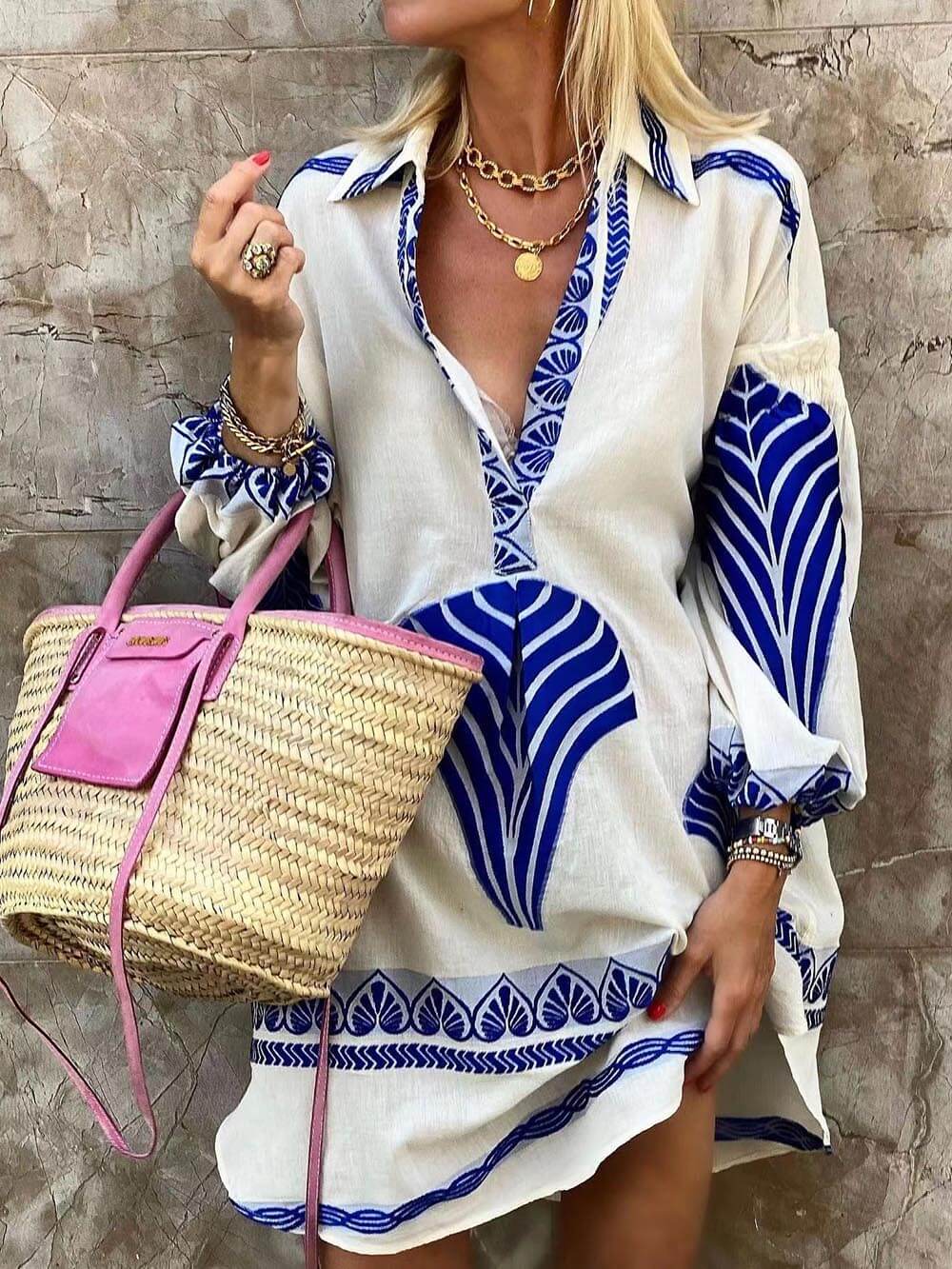 Women's Holiday Mini Dress with Unique Print and Loose Fit