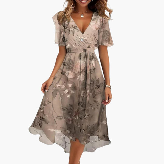 Women’s Midi Dress with Flutter Sleeves and High-Low Hem
