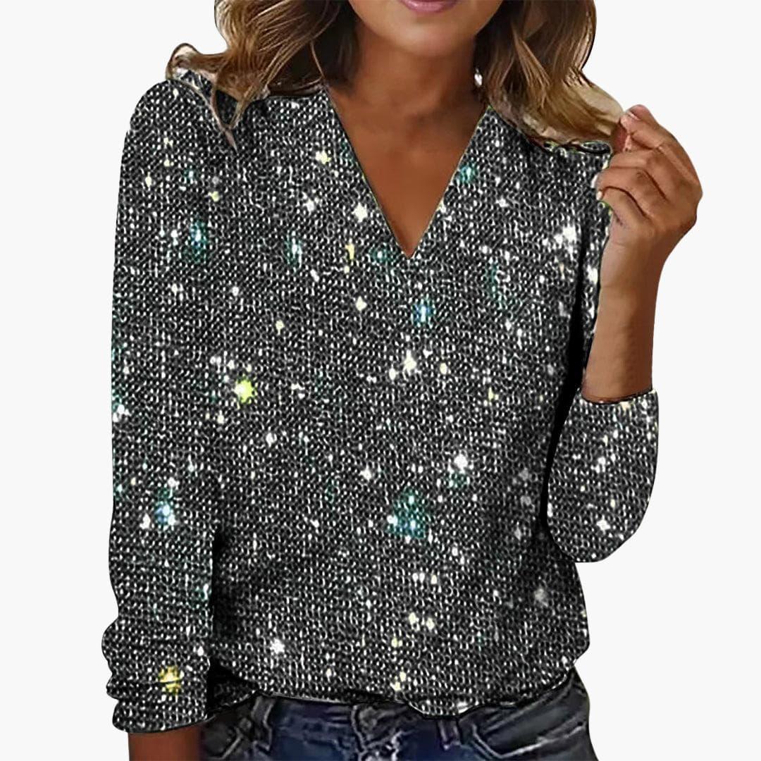 Women’s Glitter Top with V-Neckline and Diamond-Inspired Accents